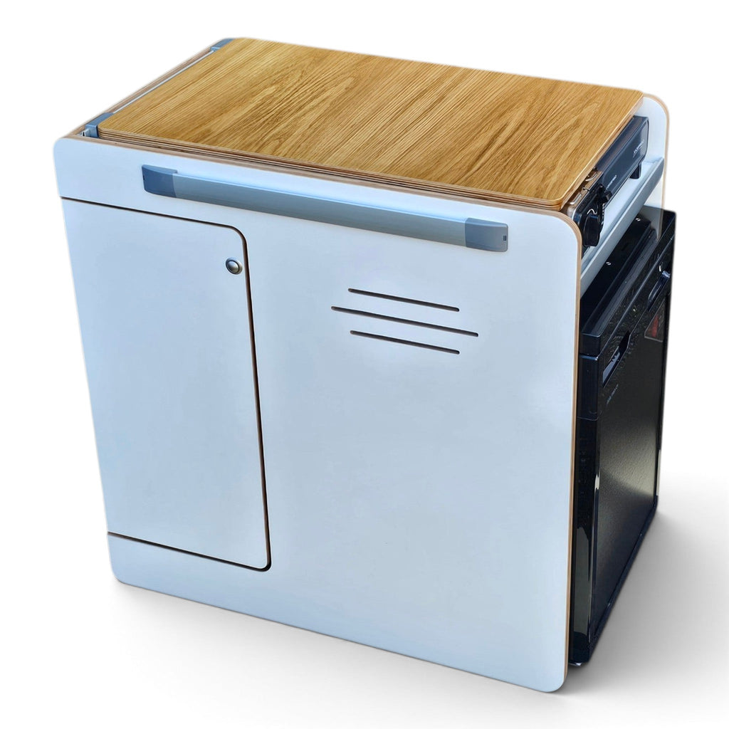 A compact kitchen island or cart with a light blue cabinet body, a natural wood grain top, and a black side compartment, shown on a white background.
